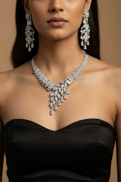 Silver Willow American Diamond Necklace & Earrings Set