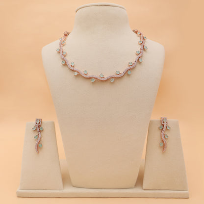 Mint Aura Rose Gold American Diamond Necklace & Earrings Set