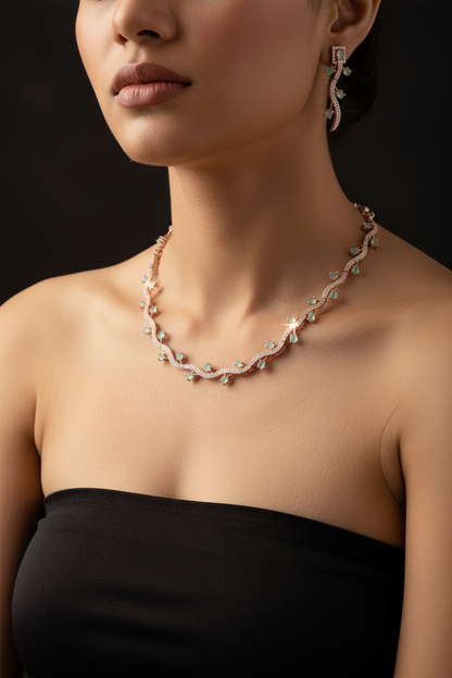Mint Aura Rose Gold American Diamond Necklace & Earrings Set