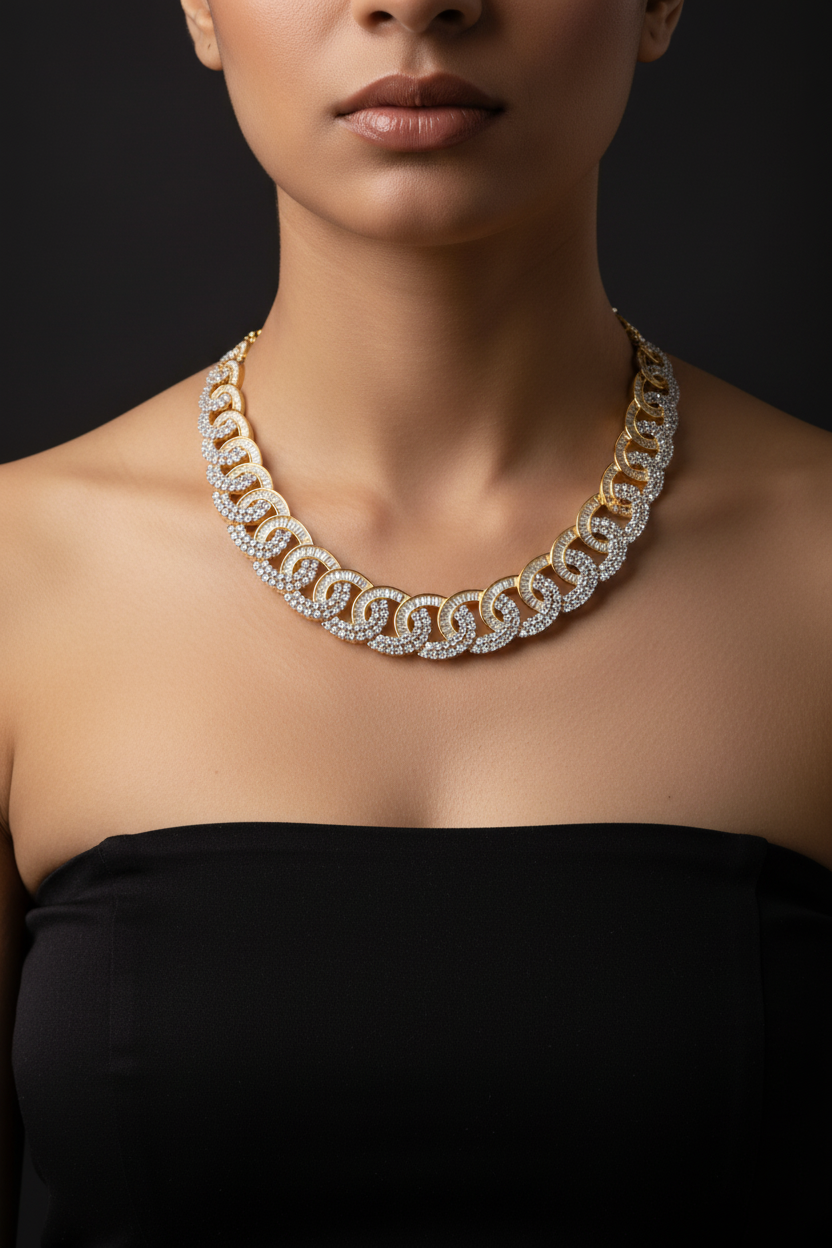 Gold-Toned American Diamond Swirl Design Necklace & Earrings Set