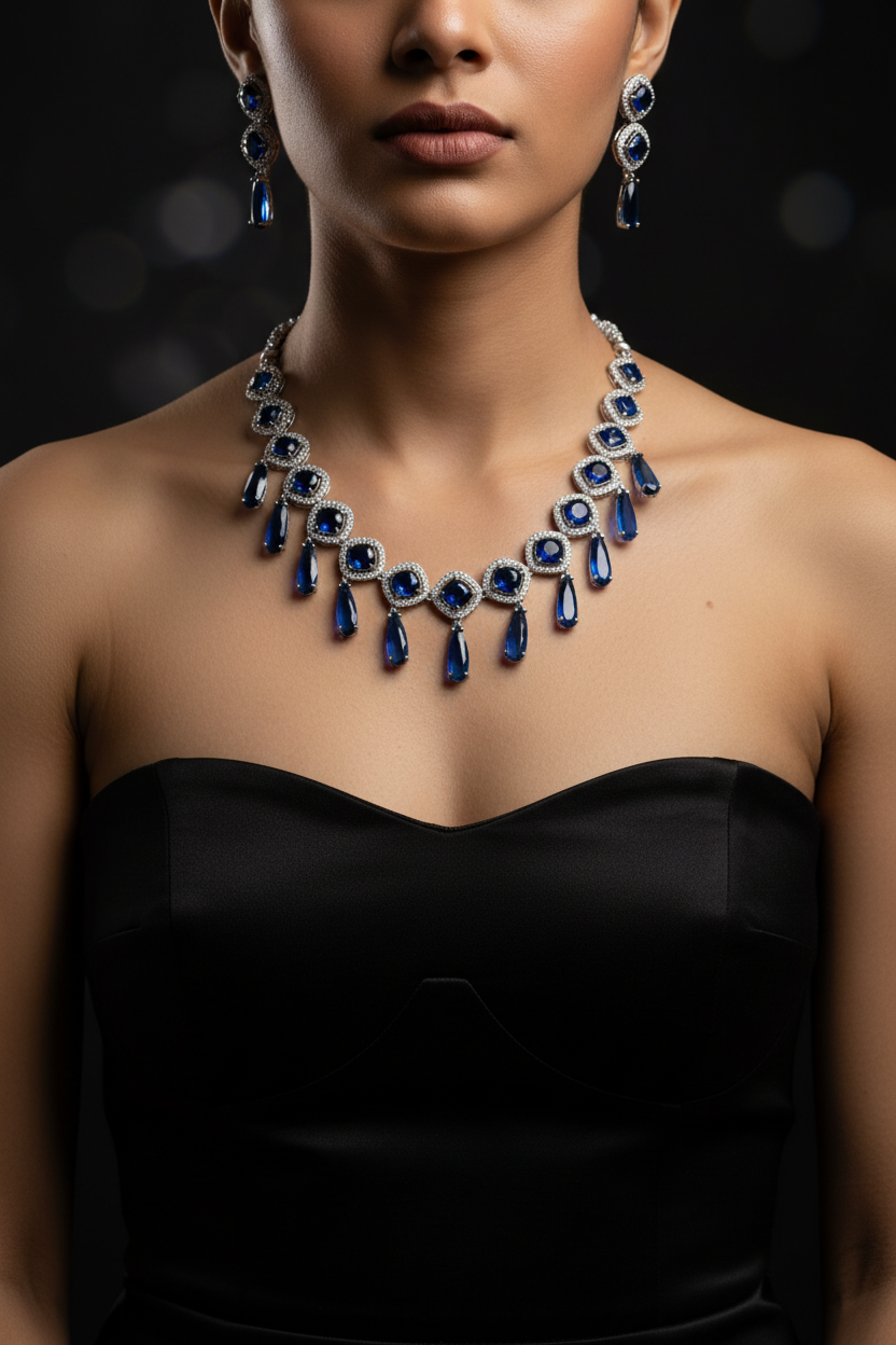Sapphire Serenade American Diamond Necklace & Earrings Set