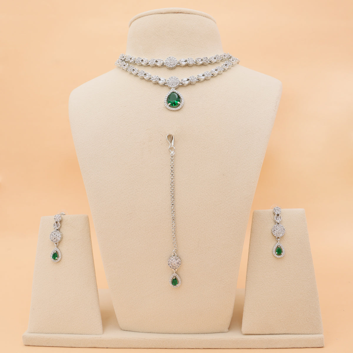 Emerald Elegance Layered American Diamond Necklace Set