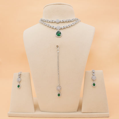 Emerald Elegance Layered American Diamond Necklace Set