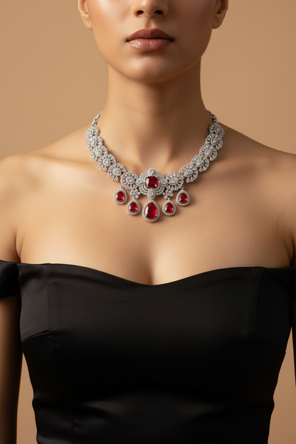 Ravelle Ruby American Diamond Necklace Set