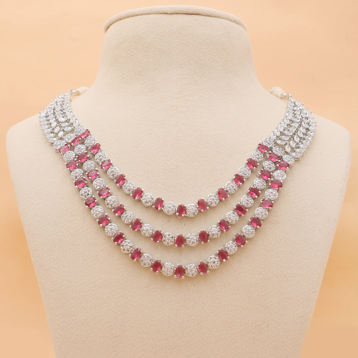 Crimson Rhapsody American Diamond Layered Necklace & Earrings Set