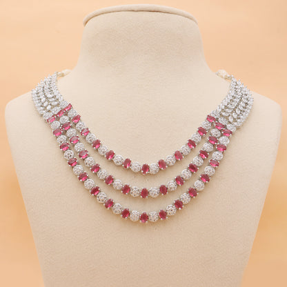 Crimson Rhapsody American Diamond Layered Necklace & Earrings Set
