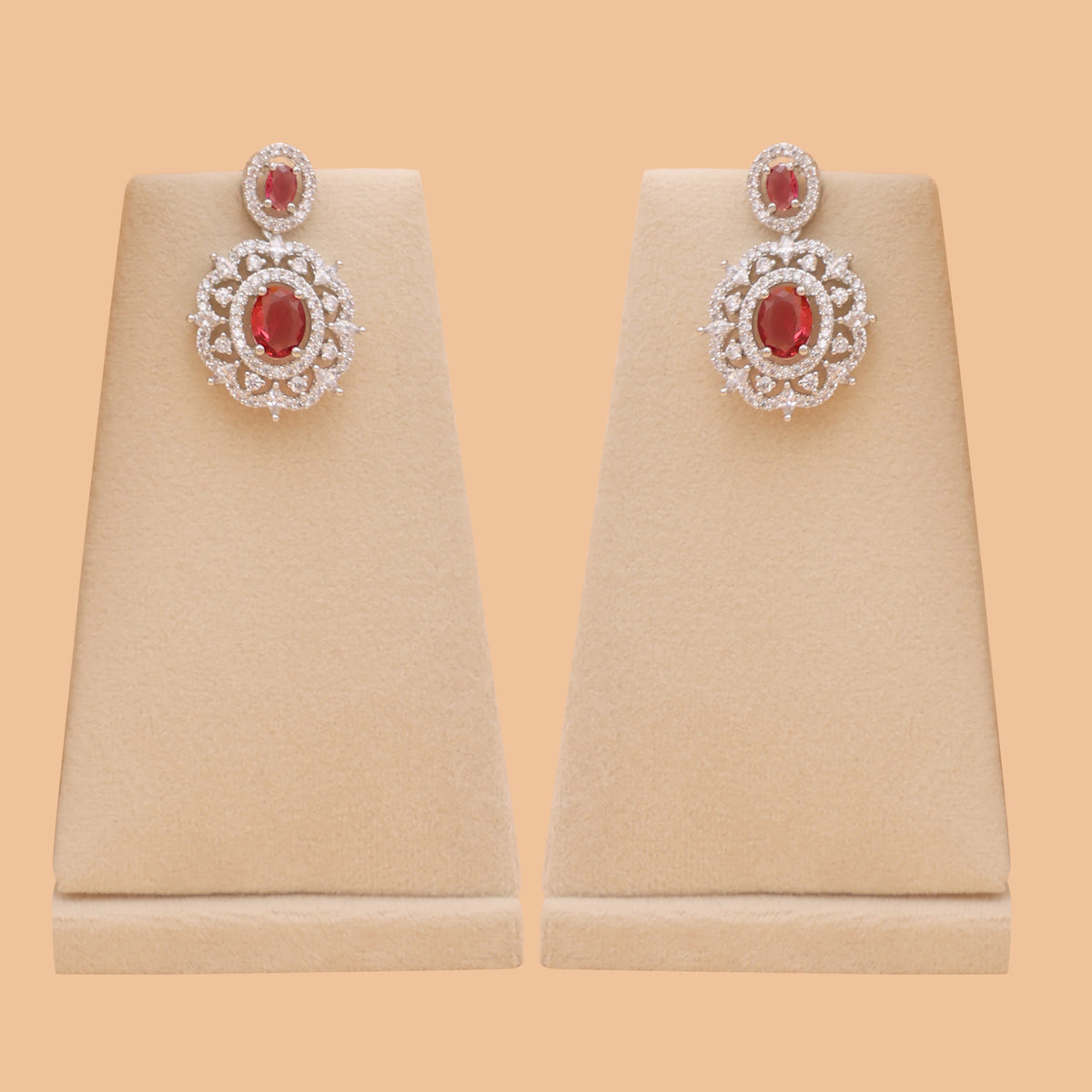 Ruby Red American Diamond Pendant Necklace Set with Earrings