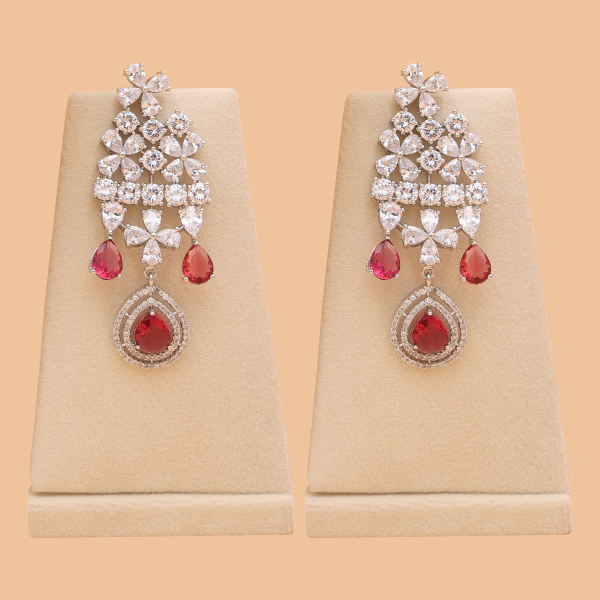 Ruby Red American Diamond Statement Necklace Set with Earrings