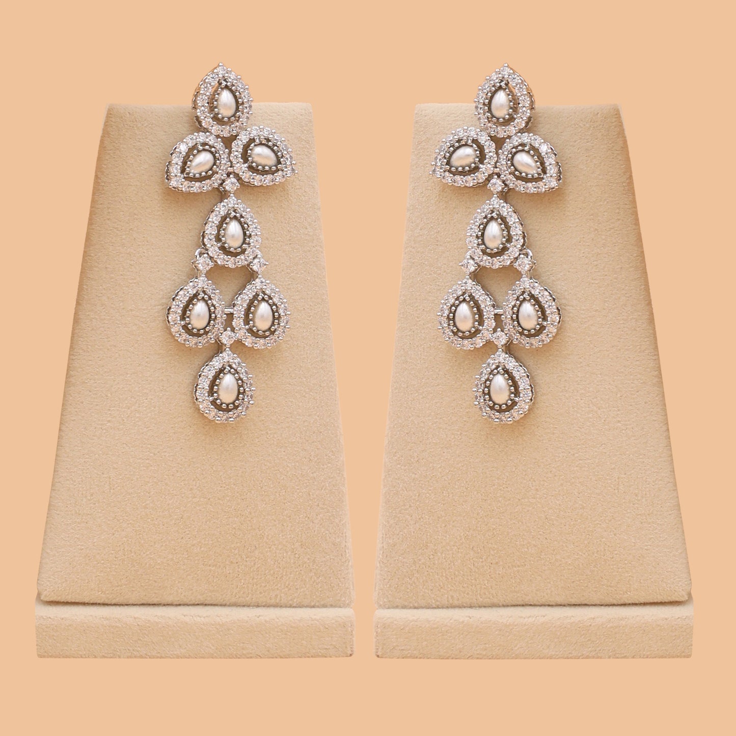 Pearl Cascade American Diamond Layered Necklace & Earrings Set
