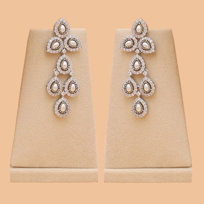 Pearl Cascade American Diamond Layered Necklace & Earrings Set