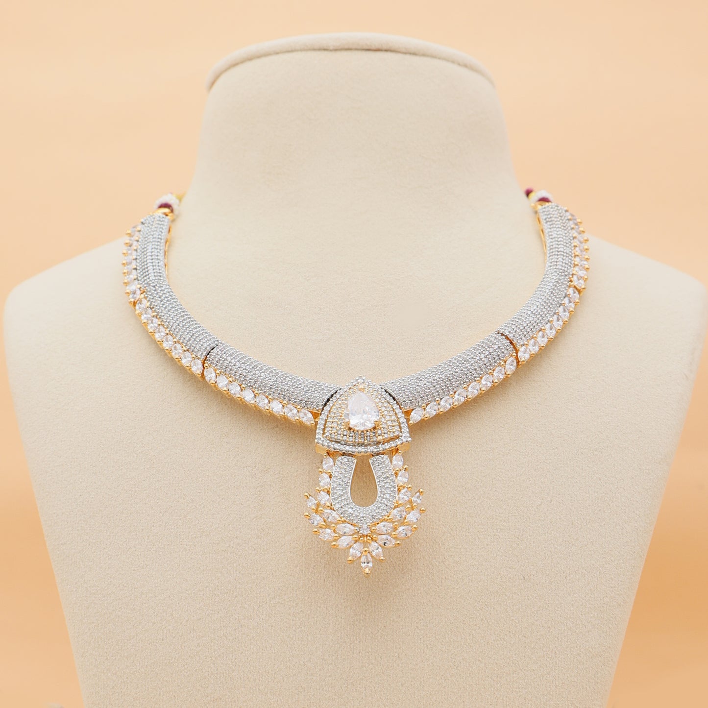Ivory Halo American Diamond Necklace & Earrings Set