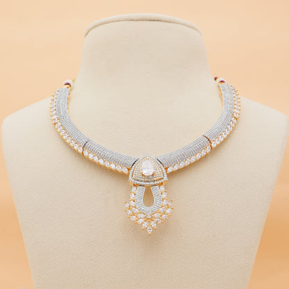 Ivory Halo American Diamond Necklace & Earrings Set