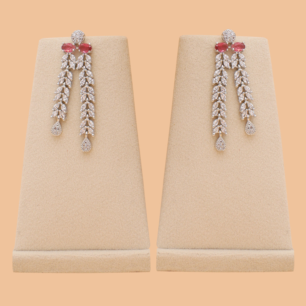 Crimson Rhapsody American Diamond Layered Necklace & Earrings Set