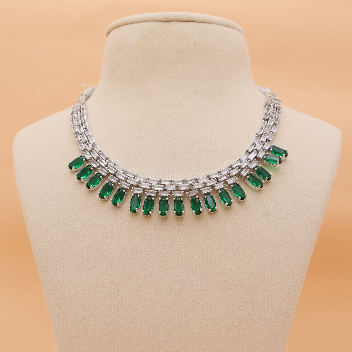 Emerald Rhythm American Diamond Necklace & Earrings Set