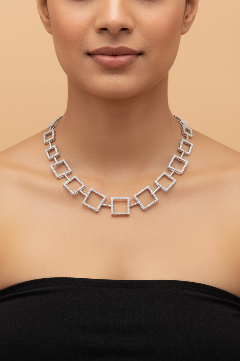 Square Link American Diamond Necklace Set with Earrings
