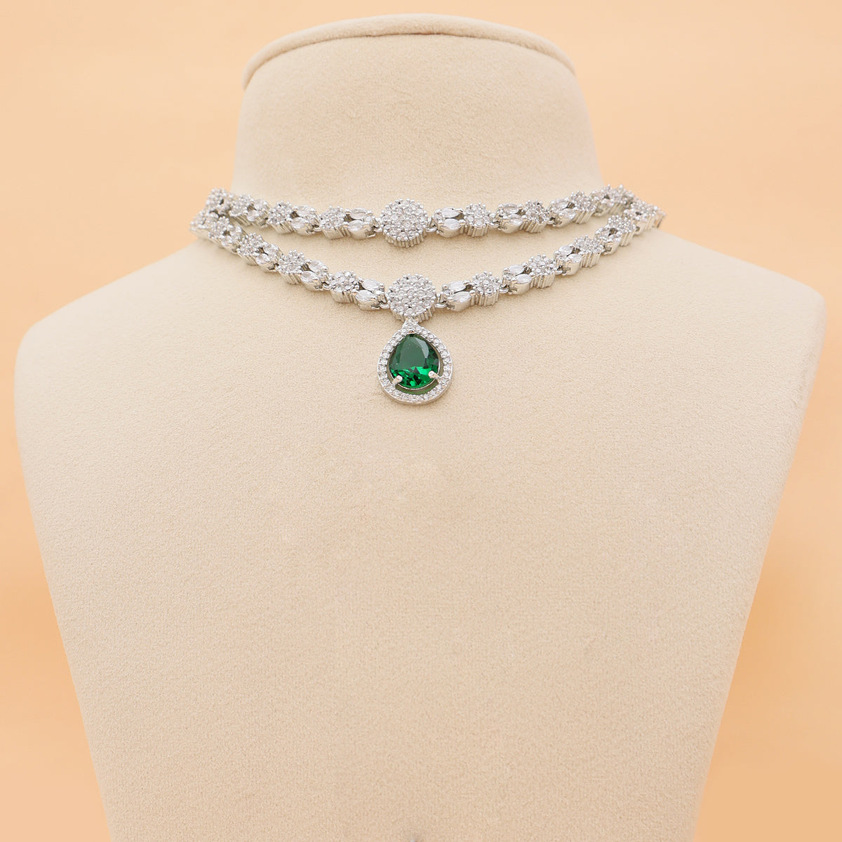Emerald Elegance Layered American Diamond Necklace Set