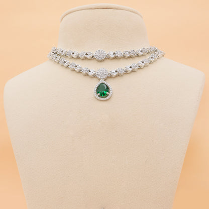 Emerald Elegance Layered American Diamond Necklace Set