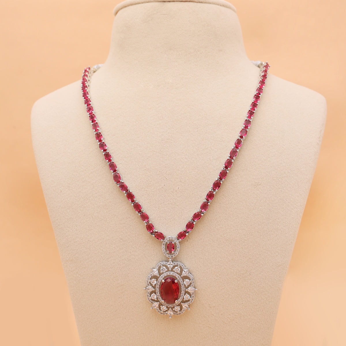 Ruby Red American Diamond Pendant Necklace Set with Earrings