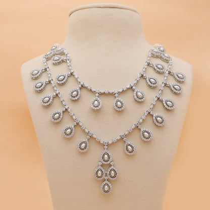 Pearl Cascade American Diamond Layered Necklace & Earrings Set