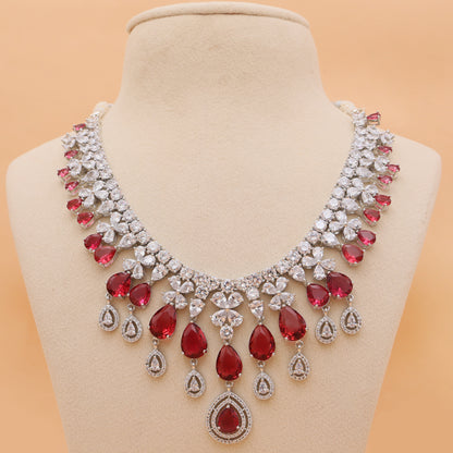 Ruby Red American Diamond Statement Necklace Set with Earrings
