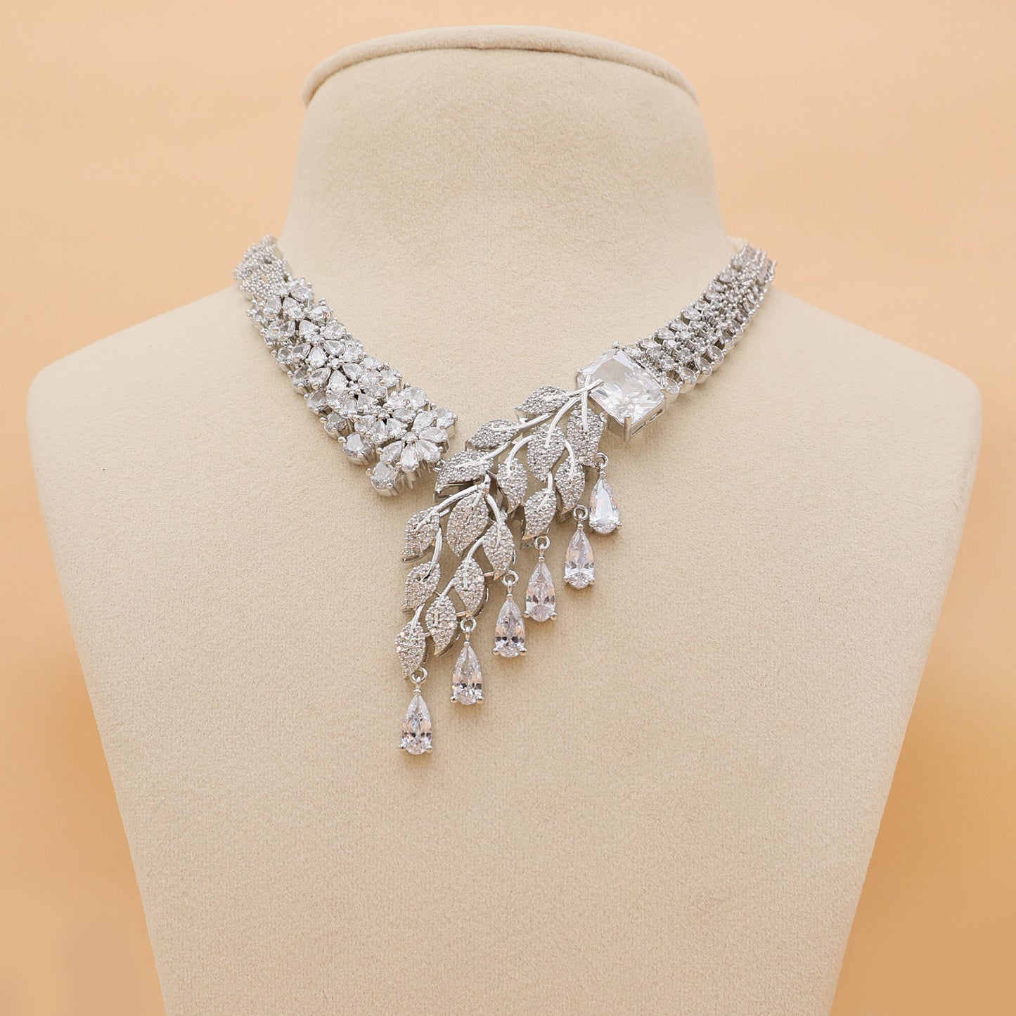 Silver Willow American Diamond Necklace & Earrings Set