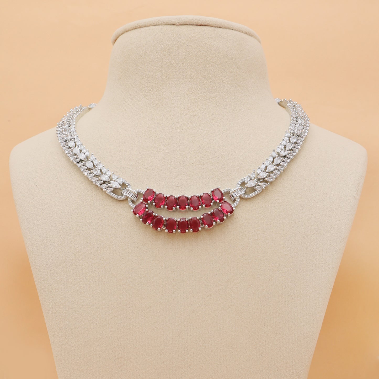 Crimson Arc American Diamond Necklace & Earrings Set