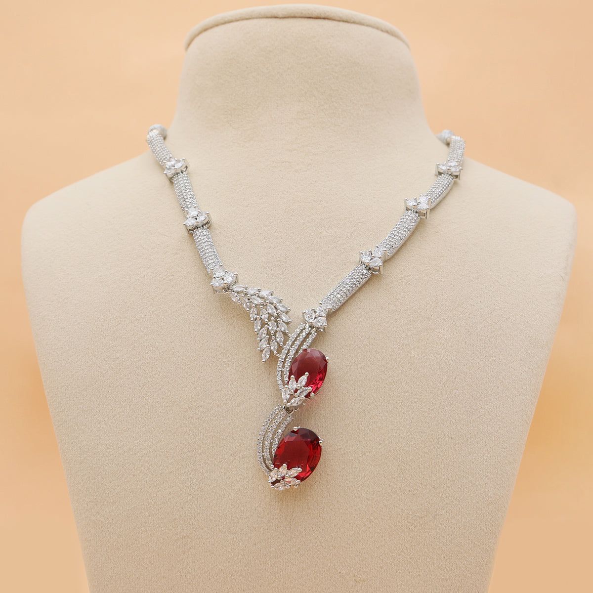Ruby Cascade American Diamond Necklace & Earrings Set