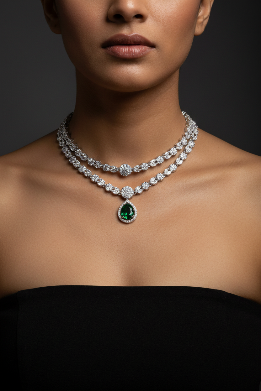 Emerald Elegance Layered American Diamond Necklace Set