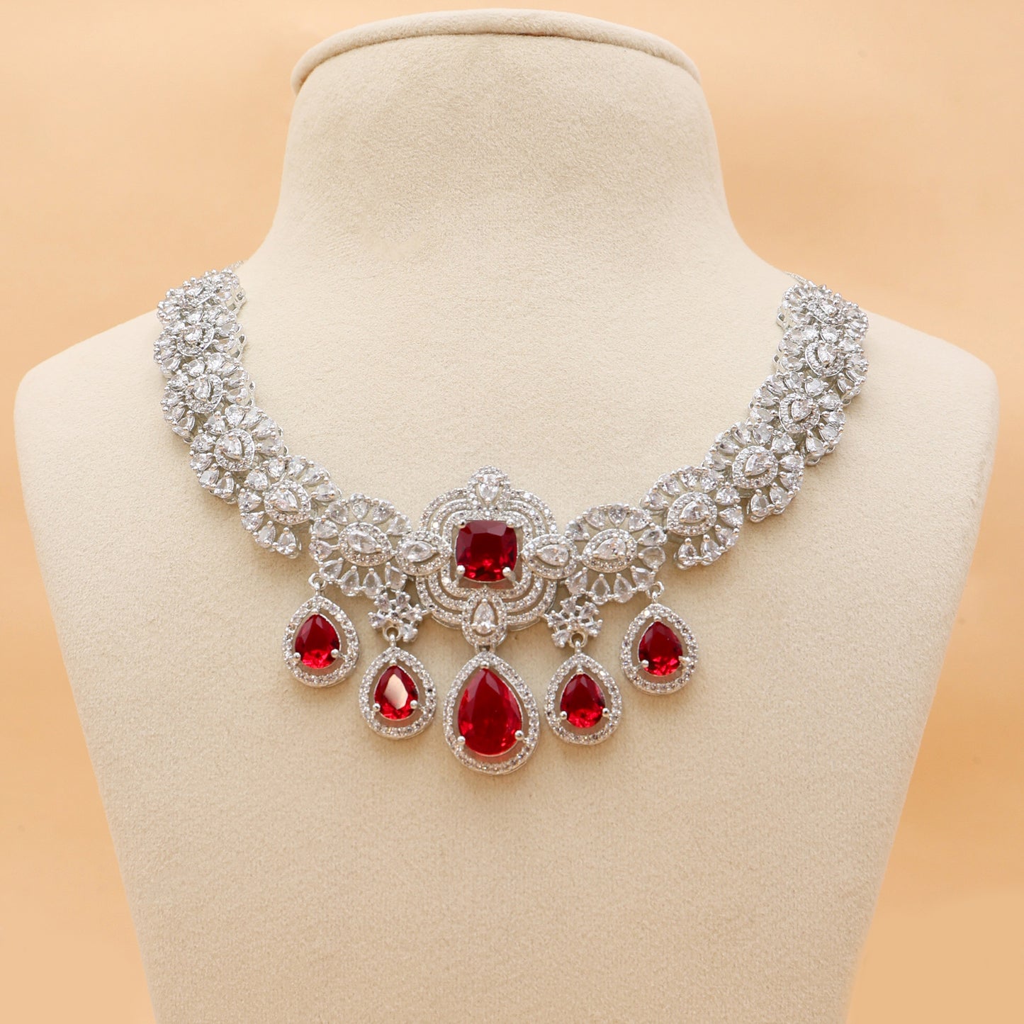 Ravelle Ruby American Diamond Necklace Set