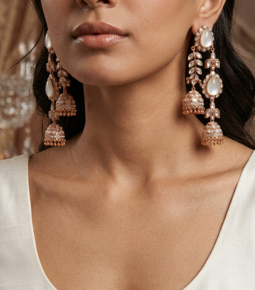Ishira Kundan Double Mother Of Pearl Jhumkas