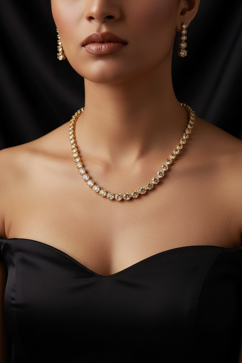 Champagne Glow CZ Tennis Necklace & Earrings Set