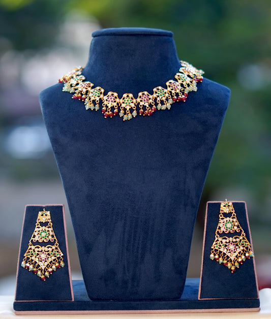 Multicoloured Mughal Jadau Necklace Set