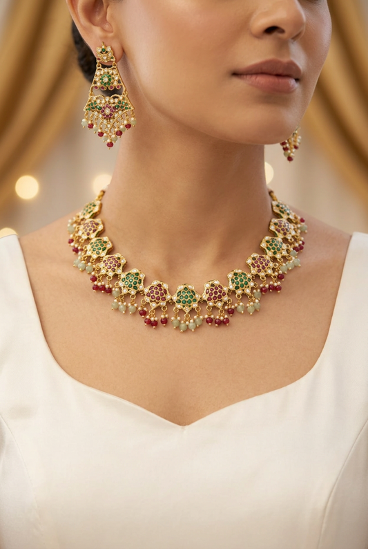 Multicoloured Mughal Jadau Necklace Set