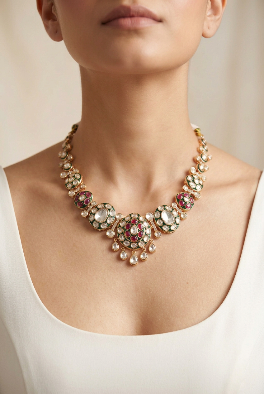 Rani Green Taraani Kundan Enamel Jewellery Set