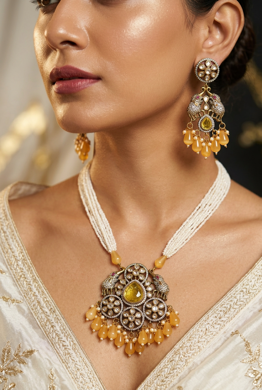 Yellow Kanira Victorian Kundan Jewellery Set