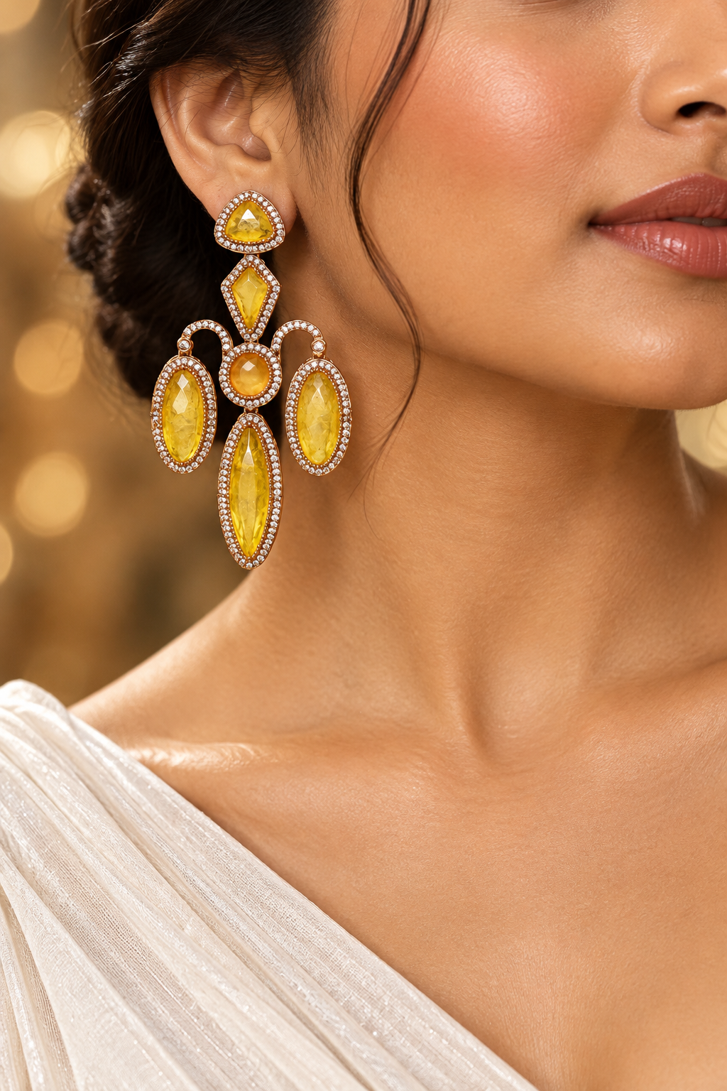 Zariya Citrine American Diamond Statement Earrings