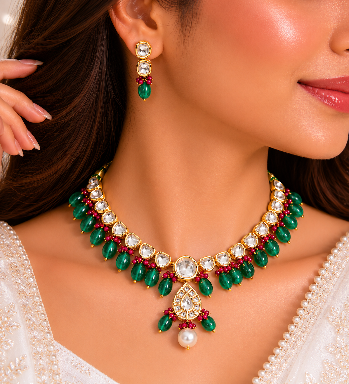 Emerald Rani Kundan Necklace Set