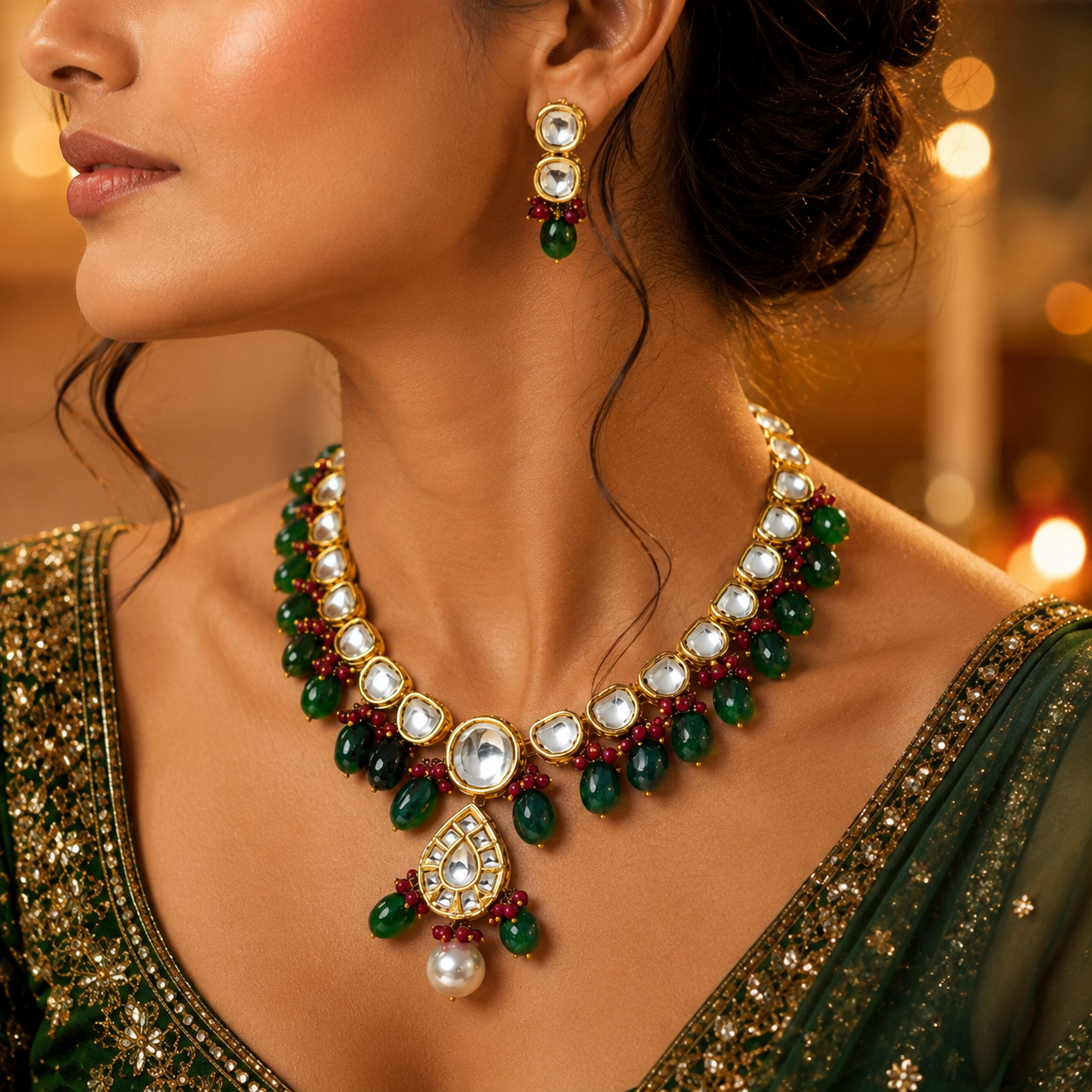 Emerald Rani Kundan Necklace Set