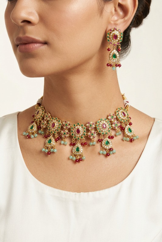 Multicoloured Rangratan Jadau Choker Set