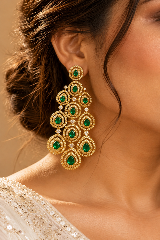Ruhira Emerald American Diamond Statement Earrings