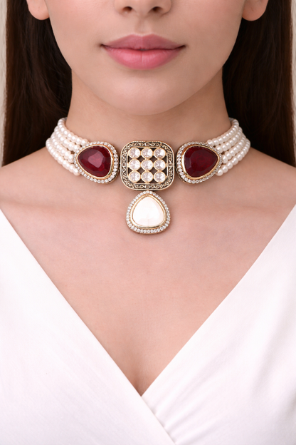 White Royal Scarlet Pearl Choker Set