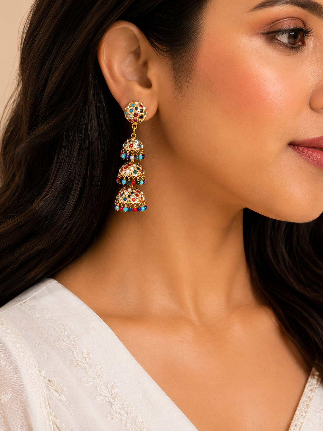 Zareen Navratan Tiered Jhumkas