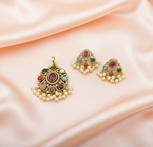 Rajwada Navratan Pendant Set