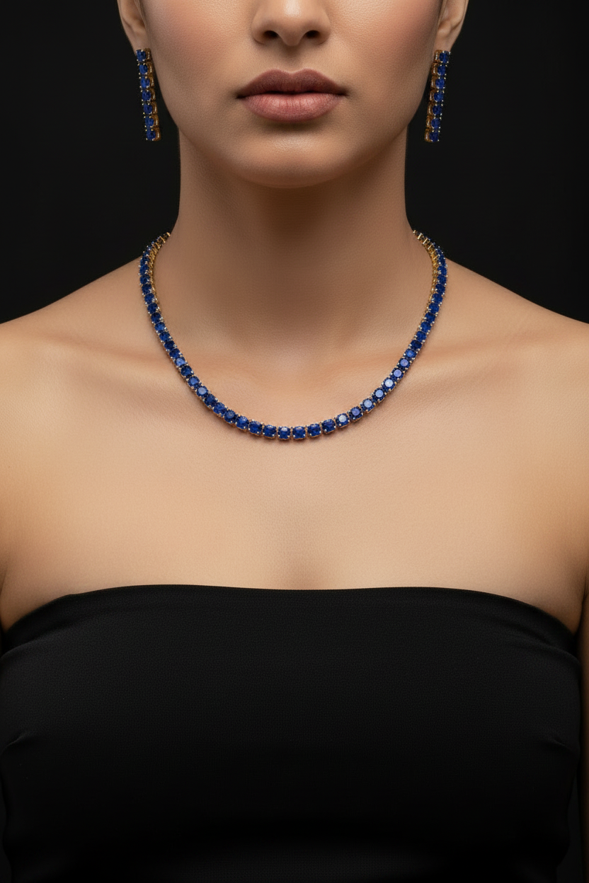 Sapphire Blue Tennis Necklace & Earrings Set