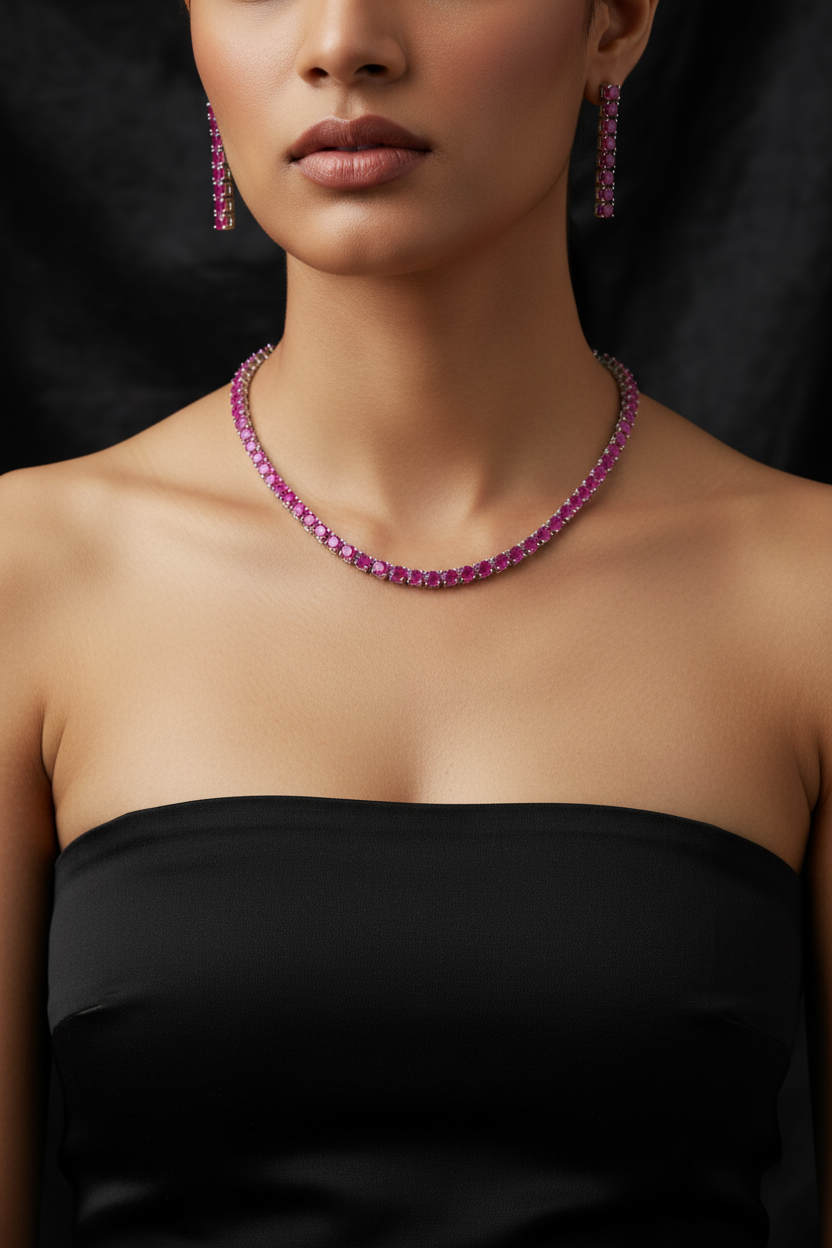 Rani Pink Tennis Necklace & Earrings Set