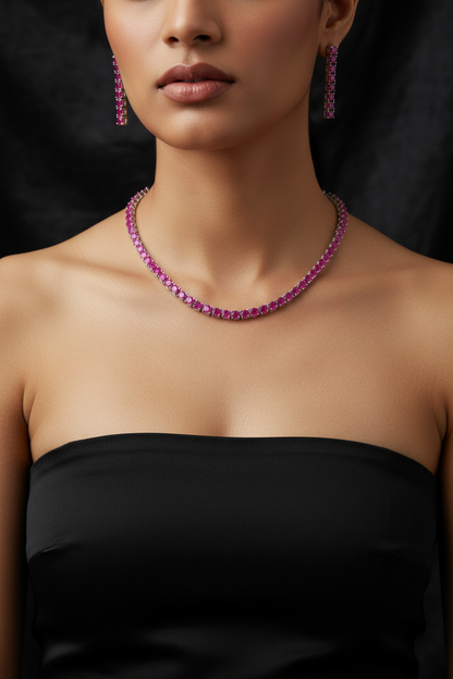Rani Pink Tennis Necklace & Earrings Set