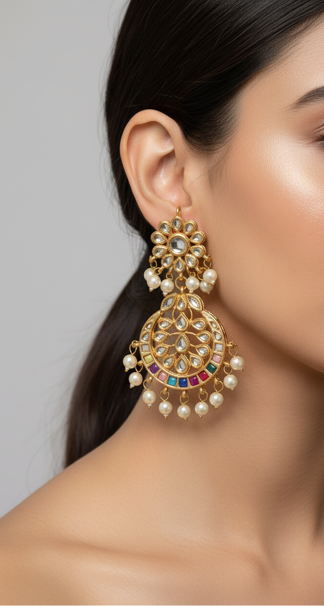 Rangrez Multicolour Kundan Chandbali Earrings