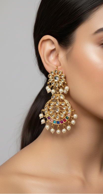 Rangrez Multicolour Kundan Chandbali Earrings