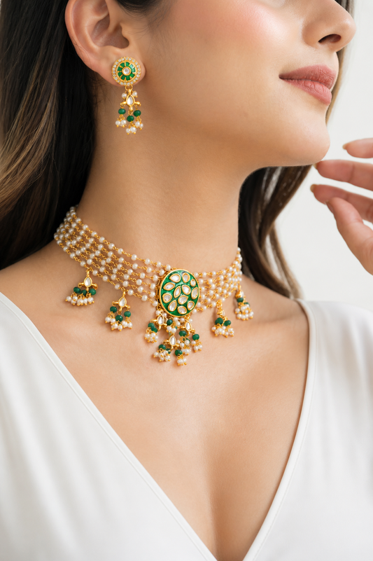 Zaria Emerald Pearl Kundan Choker Set